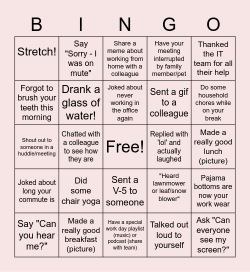 Remote Work Bingo Card