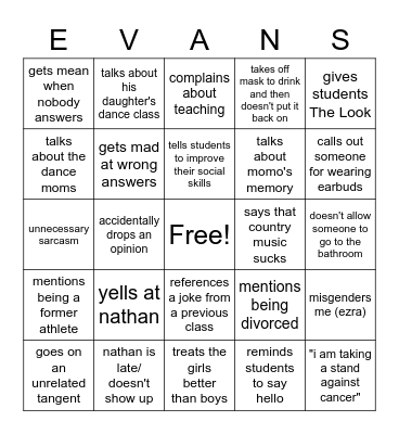MR. EVANS 5TH HOUR BINGO Card