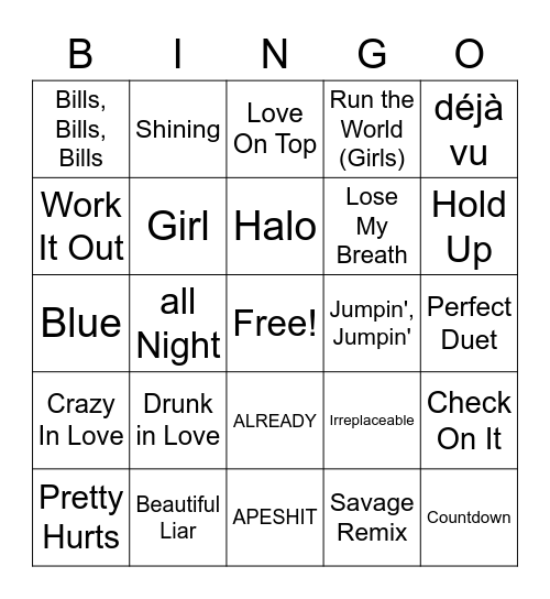 BEYONCE MUSIC BINGO Card