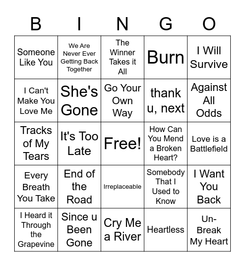 Break-up Bingo :( :( :( Bingo Card