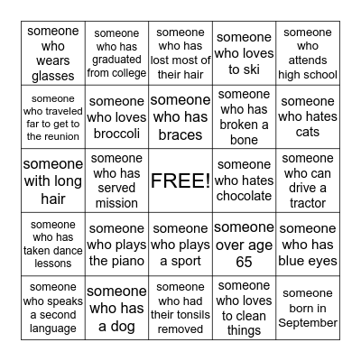Get to know your BAGLEY FAMILY Bingo Card