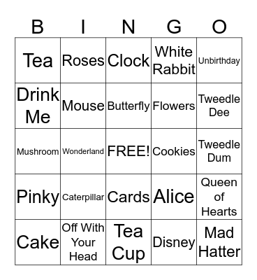 Alice in Wonderland Bingo Card