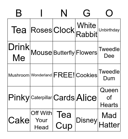 Alice in Wonderland Bingo Card