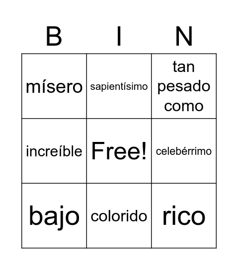 Adjetivo Bingo Card