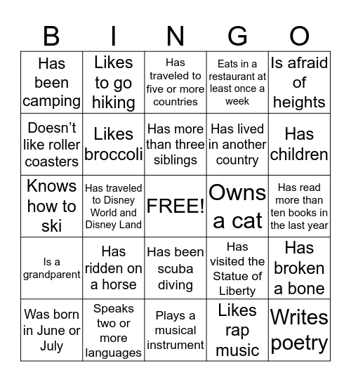 Oneness Bingo Card