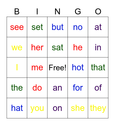 K Sight Words Bingo Card