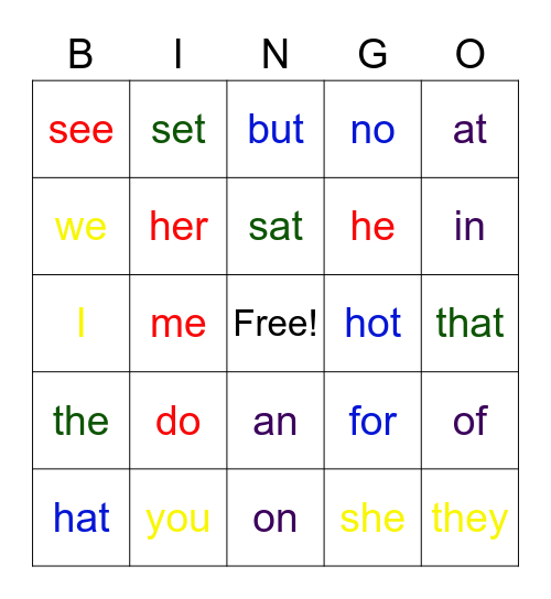 K Sight Words Bingo Card