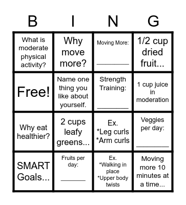 Eat Smart, Move More Bingo Card