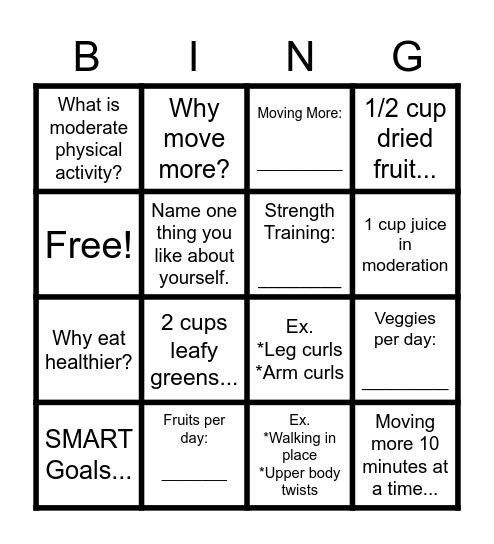 Eat Smart, Move More Bingo Card