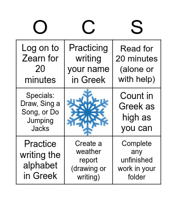 OCS SNOW BINGO! Bingo Card