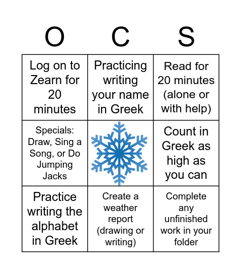 OCS SNOW BINGO! Bingo Card