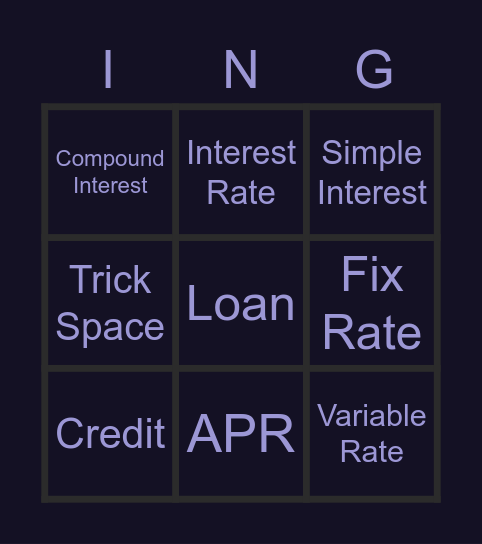 Interest Vocabulary Bingo Card