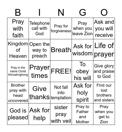 Prayer Bingo Card