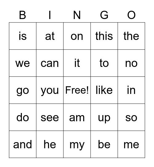 Sight Word BINGO Card