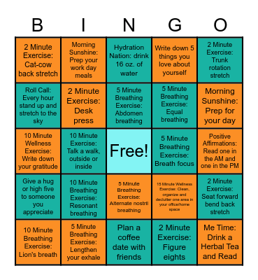 2022 Wellness Resolution Bingo Card