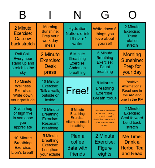 2022 Wellness Resolution Bingo Card