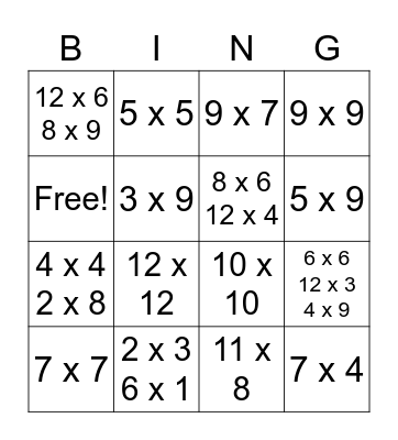 Multiplication BING-O Bingo Card