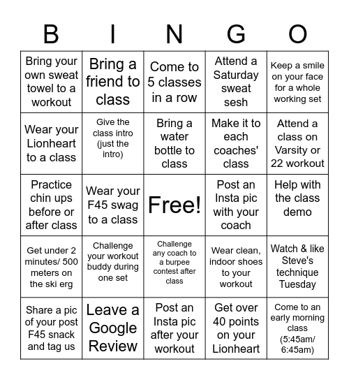 F45 Inglewood Challenge Bingo Card