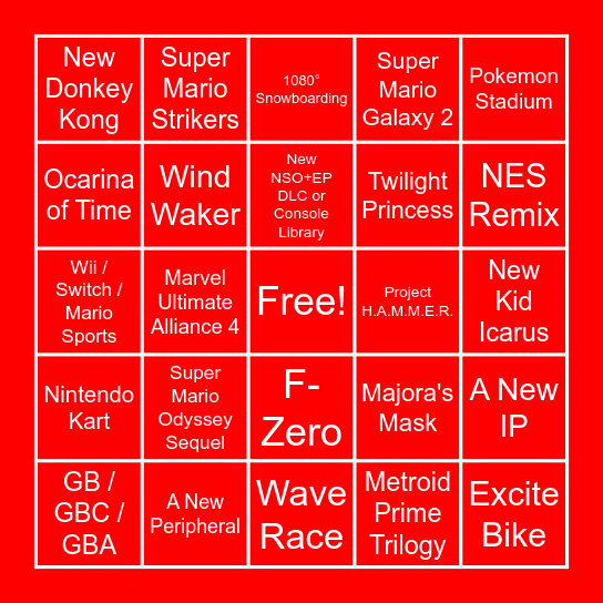 Nintendo 2022 Wishlist Bingo Card