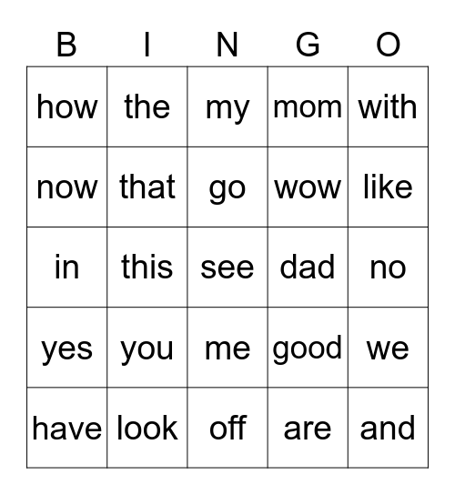 Kindergarten Sight Word Bingo Card