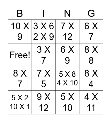 Multiplication BING-O Bingo Card