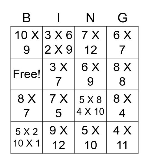 Multiplication BING-O Bingo Card