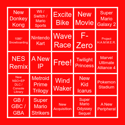 Nintendo 2022 Wishlist Bingo Card