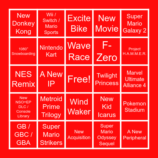 Nintendo 2022 Wishlist Bingo Card