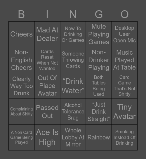 VRChat Drinking Night Bingo Card