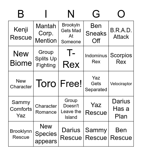 Camp Cretaceous Bingo Card