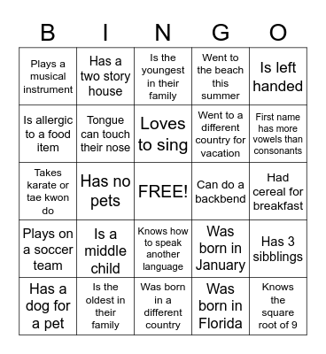 Get to know you Bingo Card
