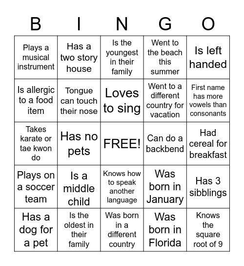 Get to know you Bingo Card