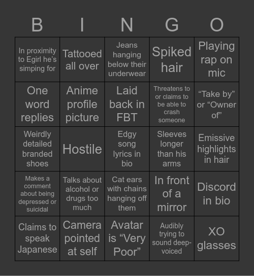 VRChat E-Boy Bingo Card