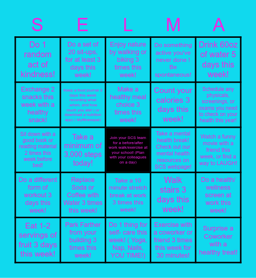 Selma City Schools Wellness Bingo Challenge! Bingo Card