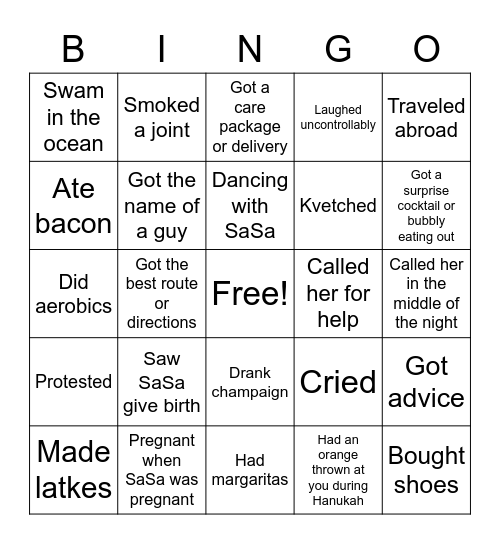Sasa Bingo Card