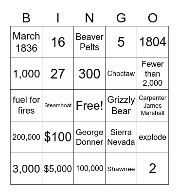 Westward Expansion: The Story of Us Bingo Card