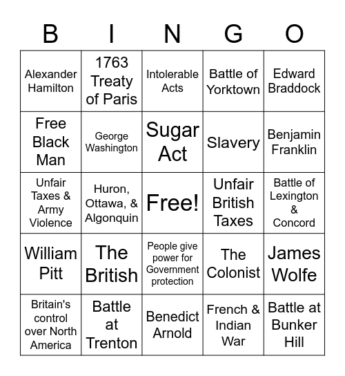 The American Revolution Bingo Card