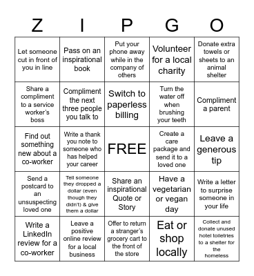 Random Acts of Kindness Bingo Card