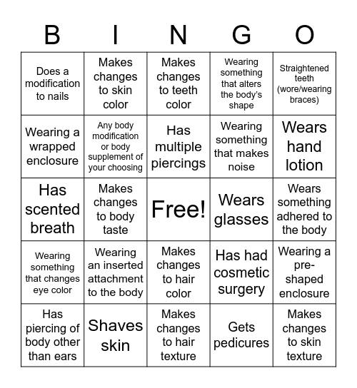 Body Modification Bingo Card