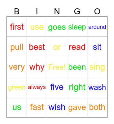 MJ Sight Words Bingo Card