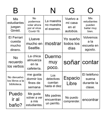 O to UE Stem-Changing Verbs Bingo Card