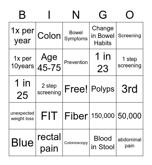 Colorectal Cancer Awareness Month Bingo Card