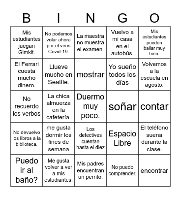 O to UE Stem-Changing Verbs Bingo Card