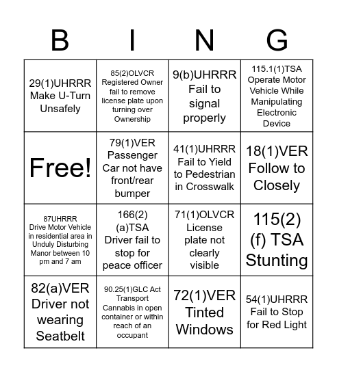 TRAFFIC BINGO Card