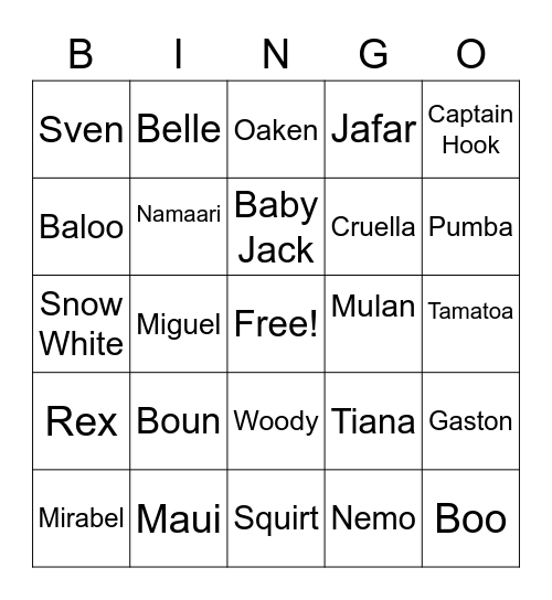 Disney Characters Bingo Card