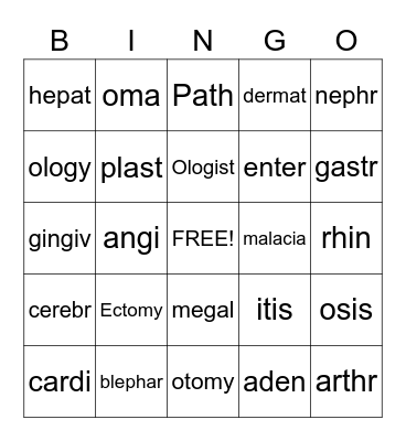 Medical Terminology Bingo Card