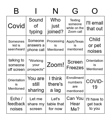 Zoom Bingo Card