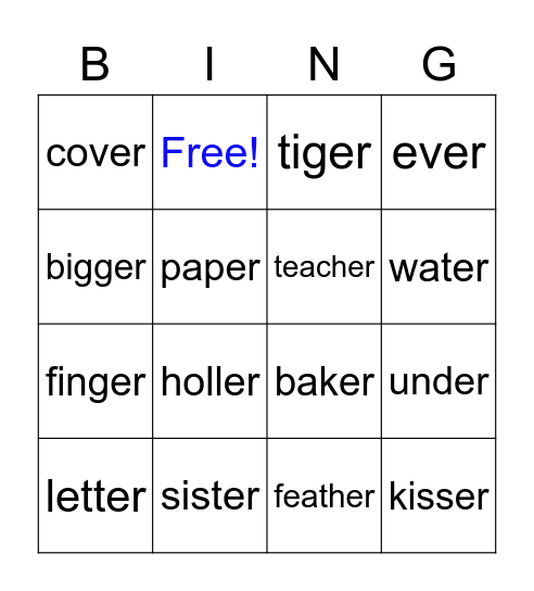 R controlled -er Bingo Card