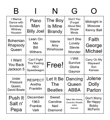 Song Bingo! Bingo Card