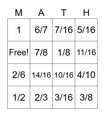 Linear Fractions Bingo Card